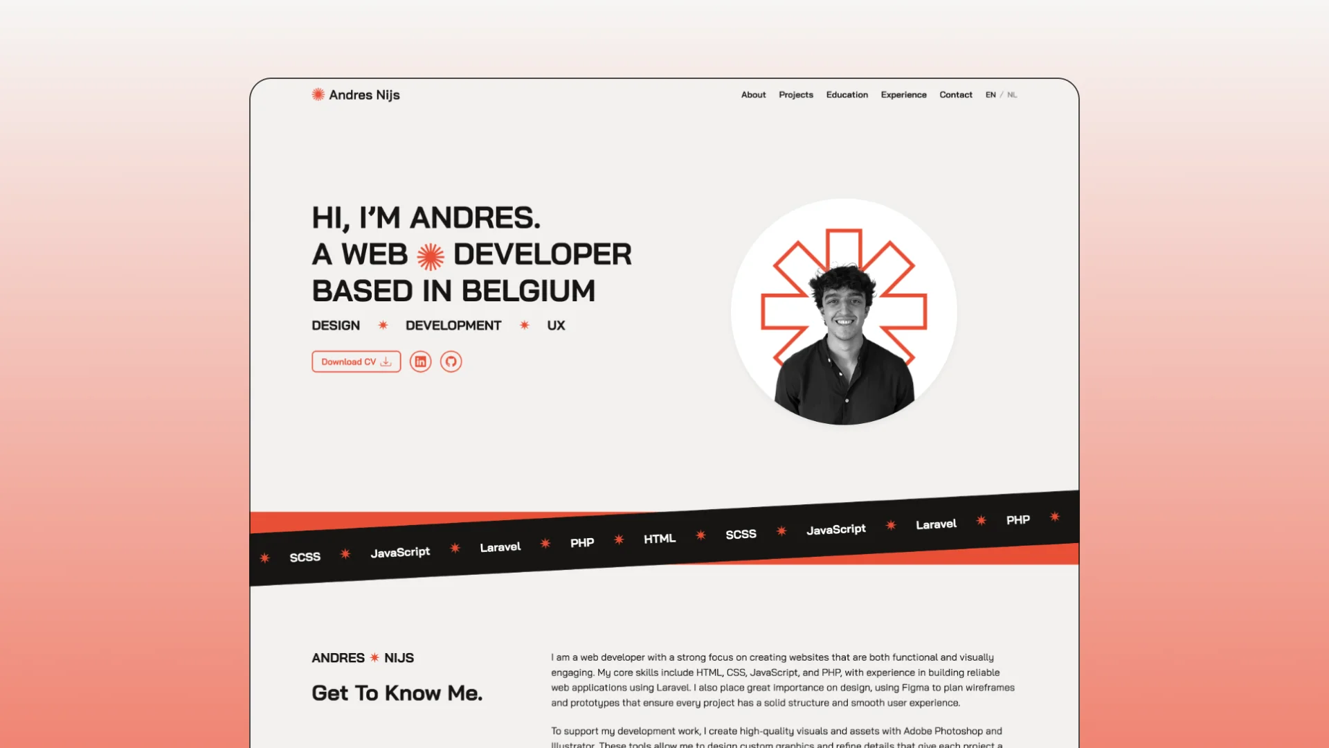 Desktop mockup of Andres Nijs's personal portfolio website showing the hero section